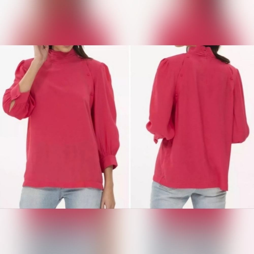 IRO Sense Button Detail Crepe De Chine Blouse Pink Mock-Neck
